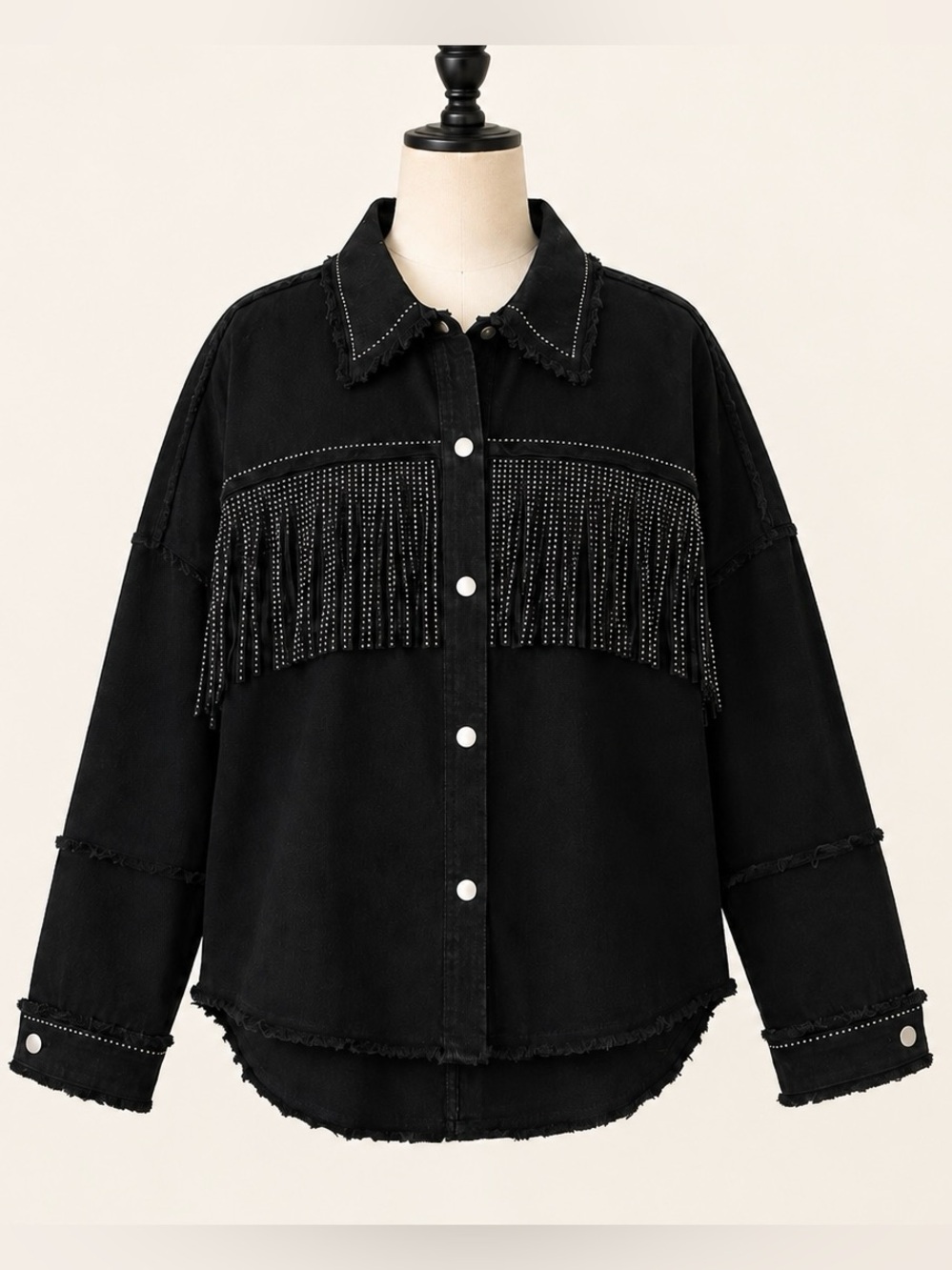 Rhinestone Fringe Western Denim Shacket Black Oversized The Style Between Us L
